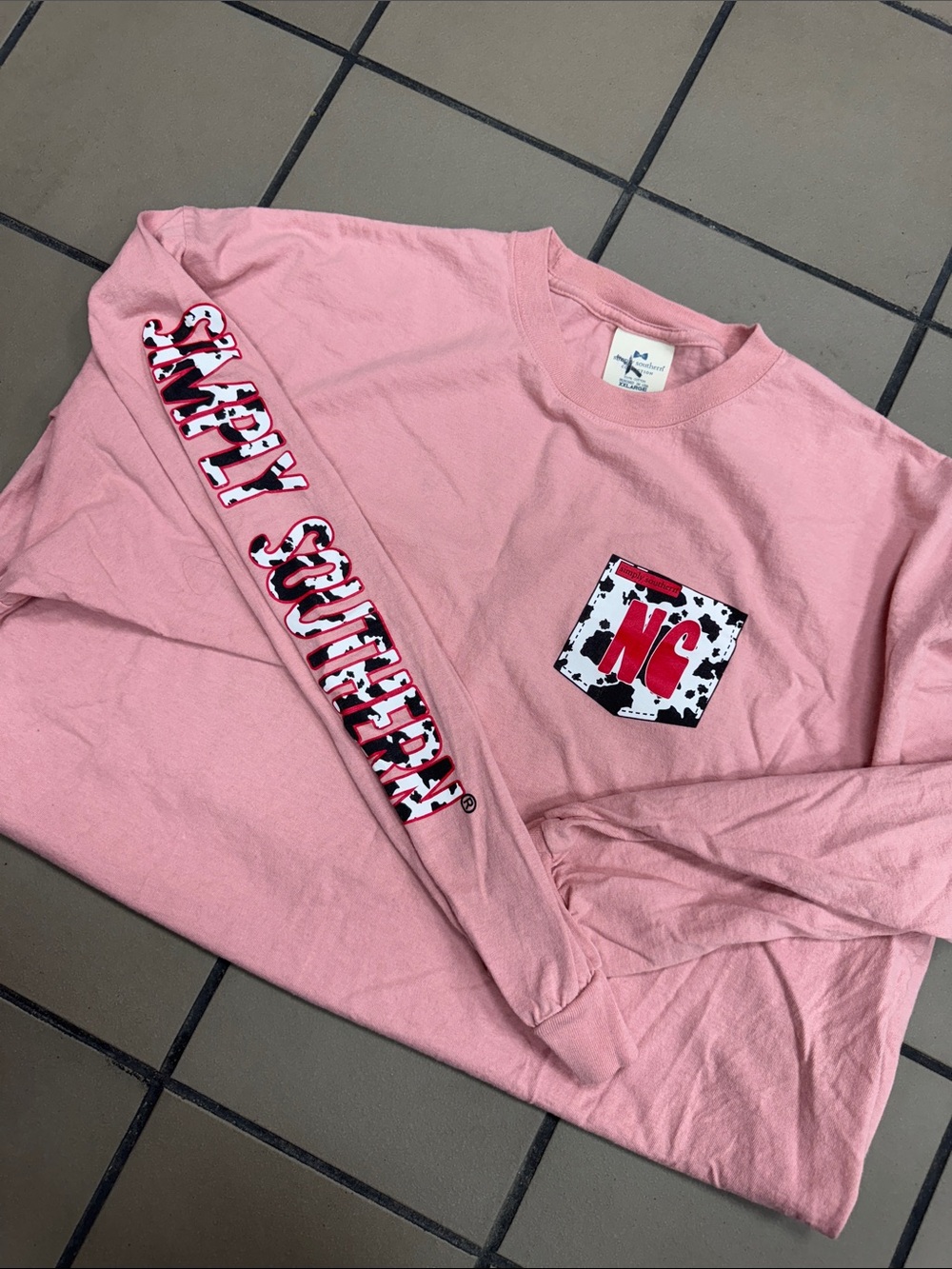 Simply Southern Pink Long Sleeve Tee with Cowprint Pocket